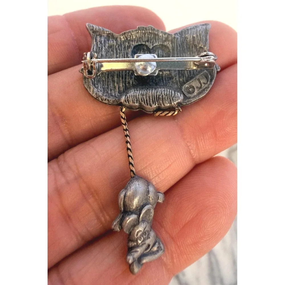 Vintage JJ Jonette Jewelry Pewter Cat and Mouse Brooch, Whimsical Feline Pin